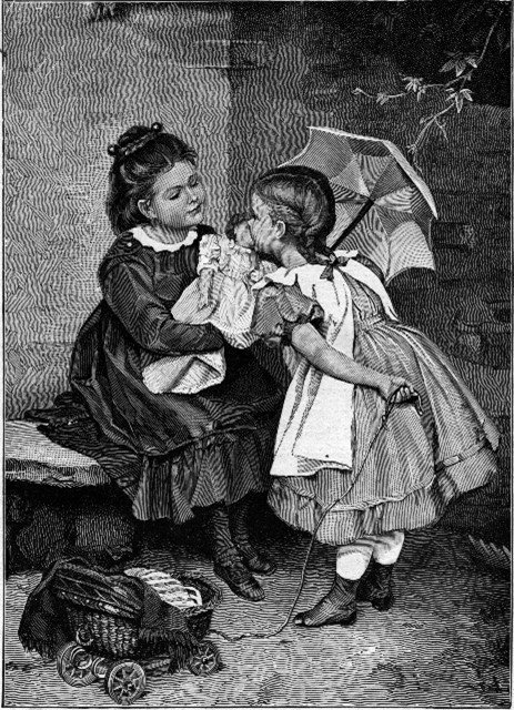 picture of two small girls dressed in clothing from 1910. One is kissing a doll the other is holding.